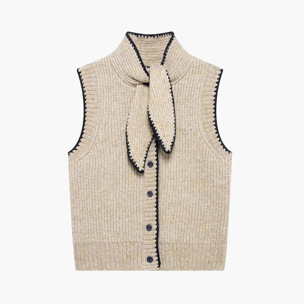 Commense Beige Knit Vest with Black Trim
